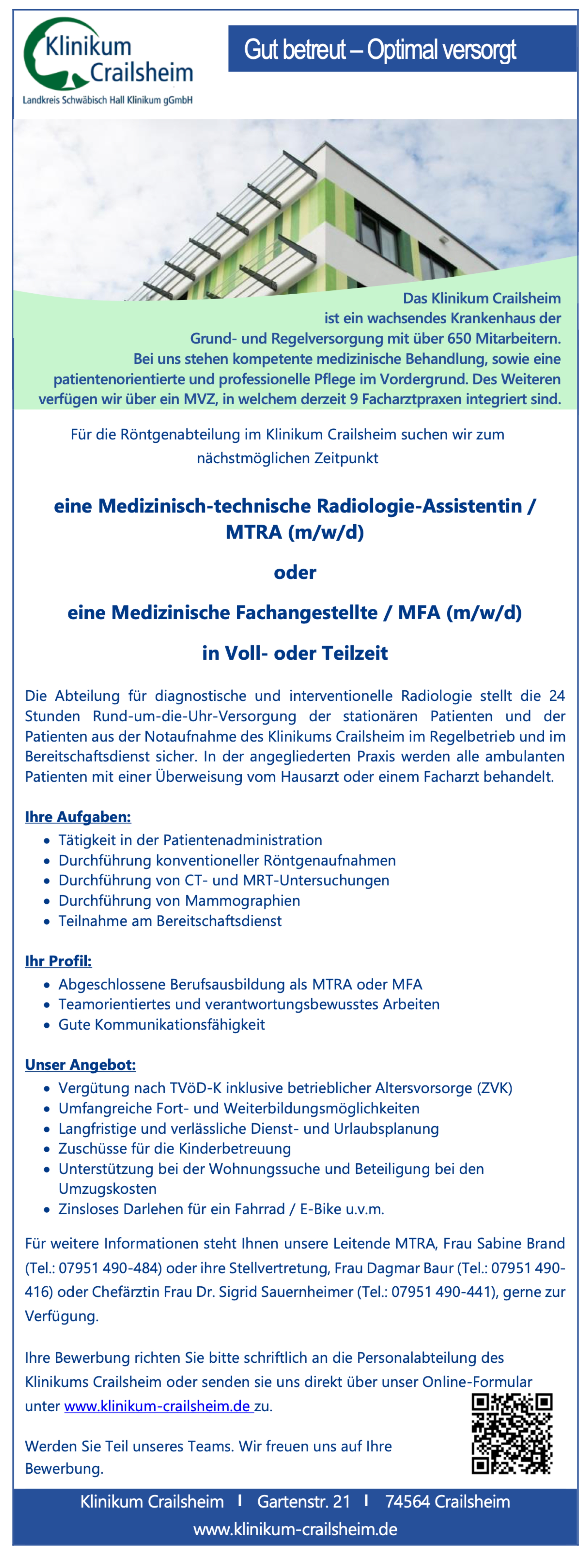 Medizinisch-technische Radiologie-Assistentin / MTRA (m/w/d) oder Medizinische Fachangestellte / MFA (m/w/d)